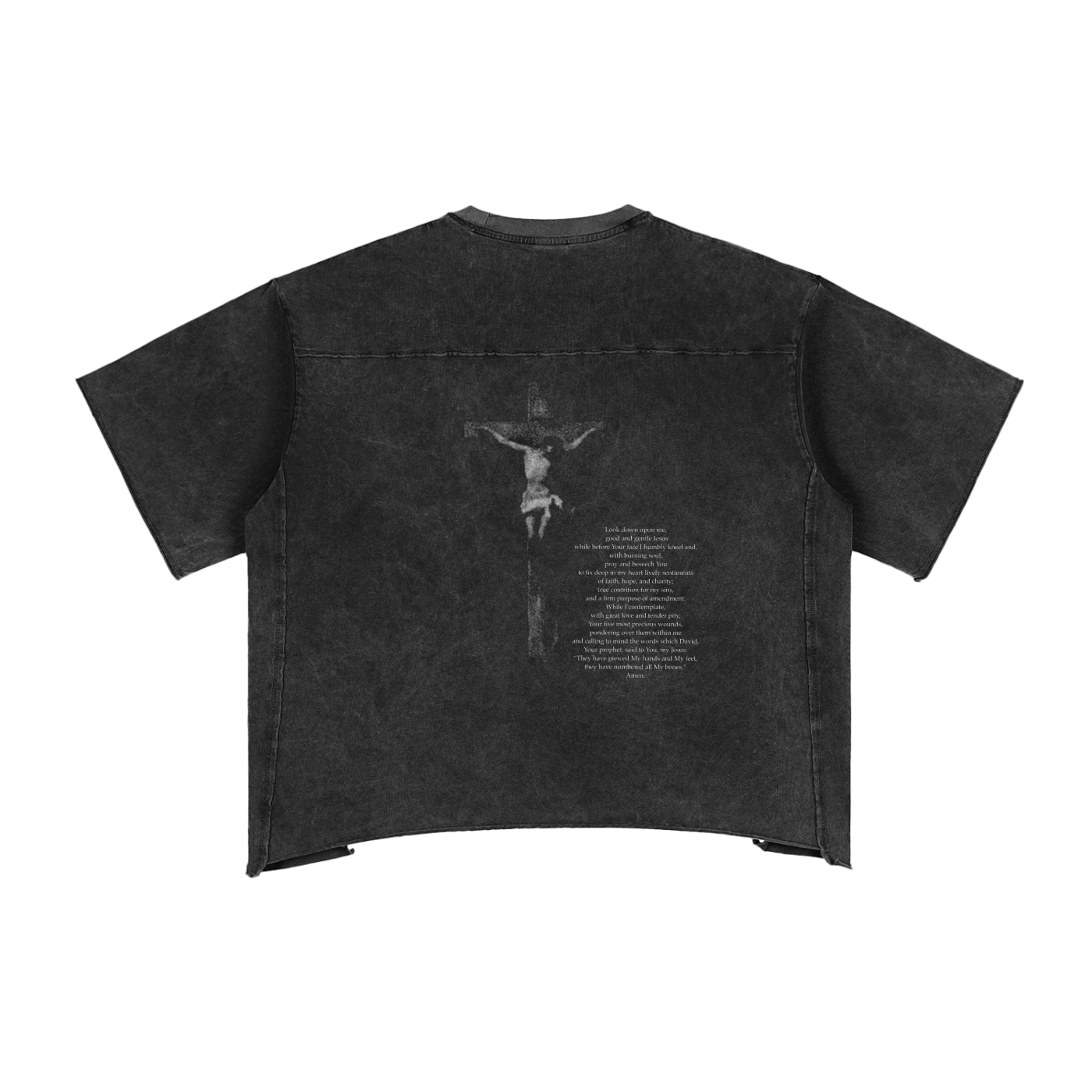 Black t-shirt with a graphic design of Jesus on a crucifix and crucifix prayer on the back