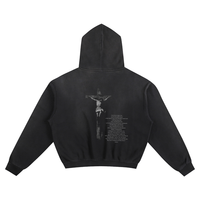 Black Jesus on the cross hoodie. Minimalistic stylish Catholic Christian hoodie