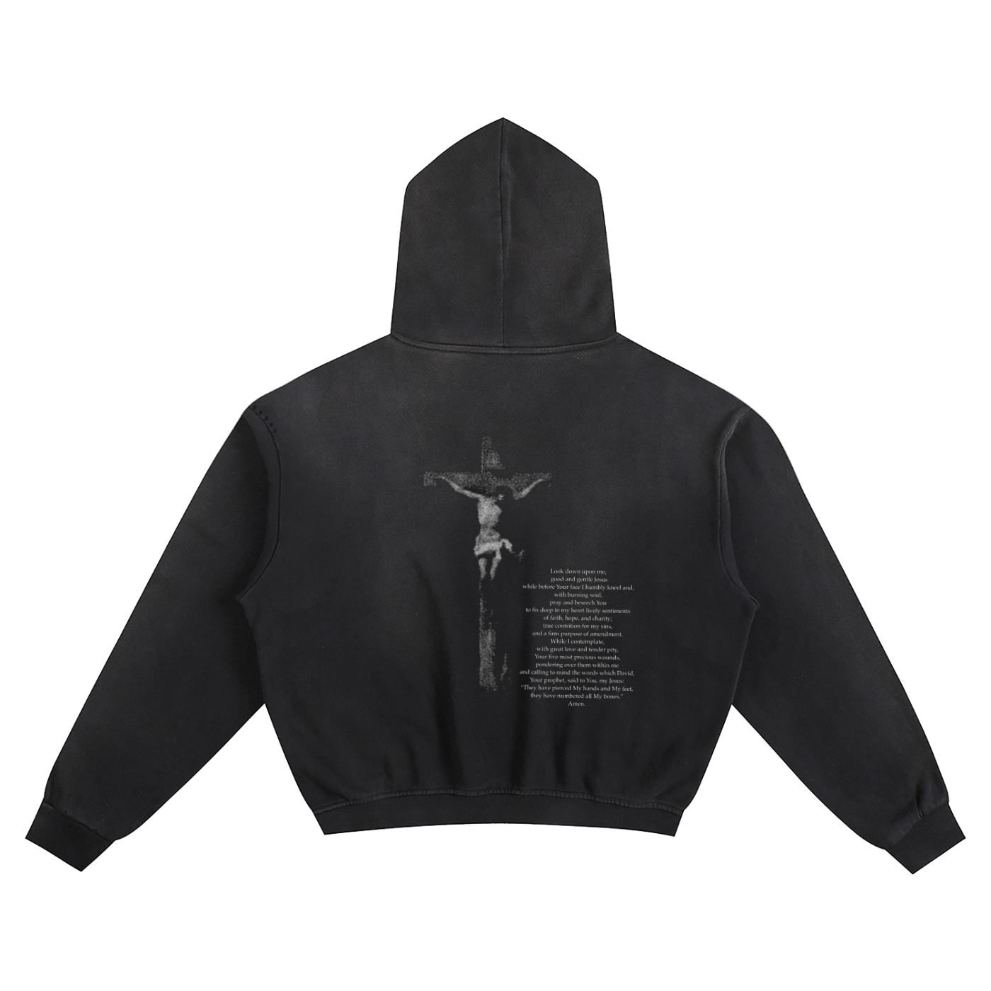 Black hoodie with a graphic design on the back of Jesus on the cross with prayer while in front of a crucifix. Catholic Clothing 