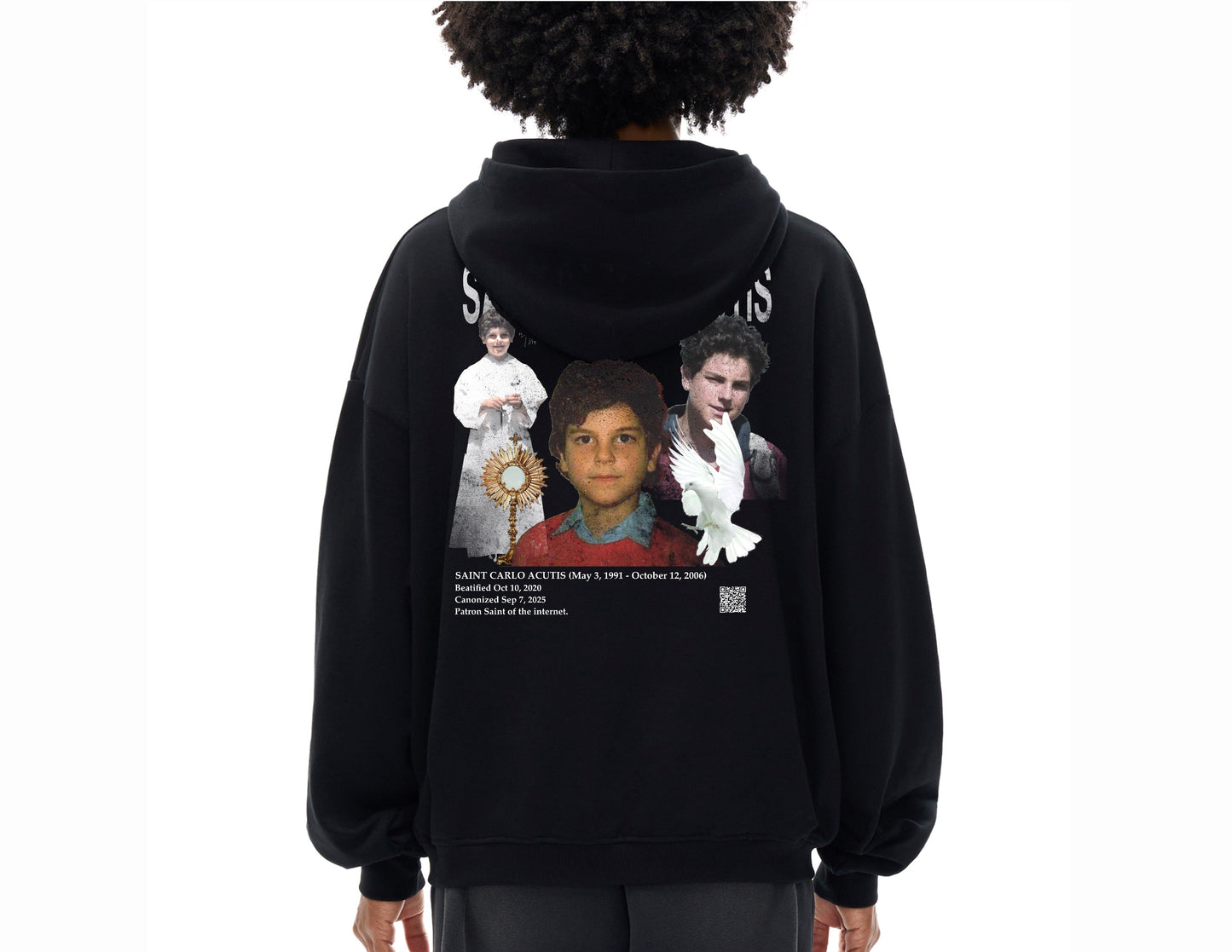 Saint Carlo Acutis Hoodie on model (Back design). Catholic Clothing of saints