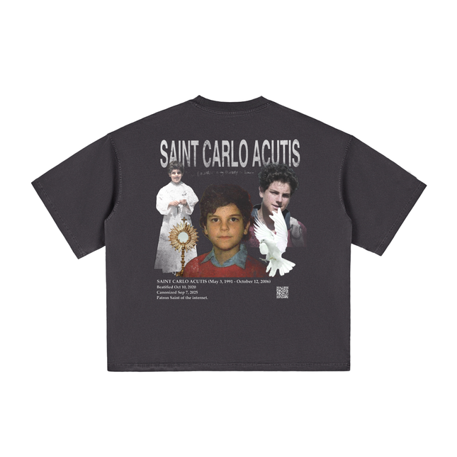 Black Catholic vintage t-shirt with 'Saint Carlo Acutis' distressed graphic 
