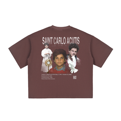 Ume purple t-shirt with graphic design of Saint Carlo Acutis, Catholic Saint