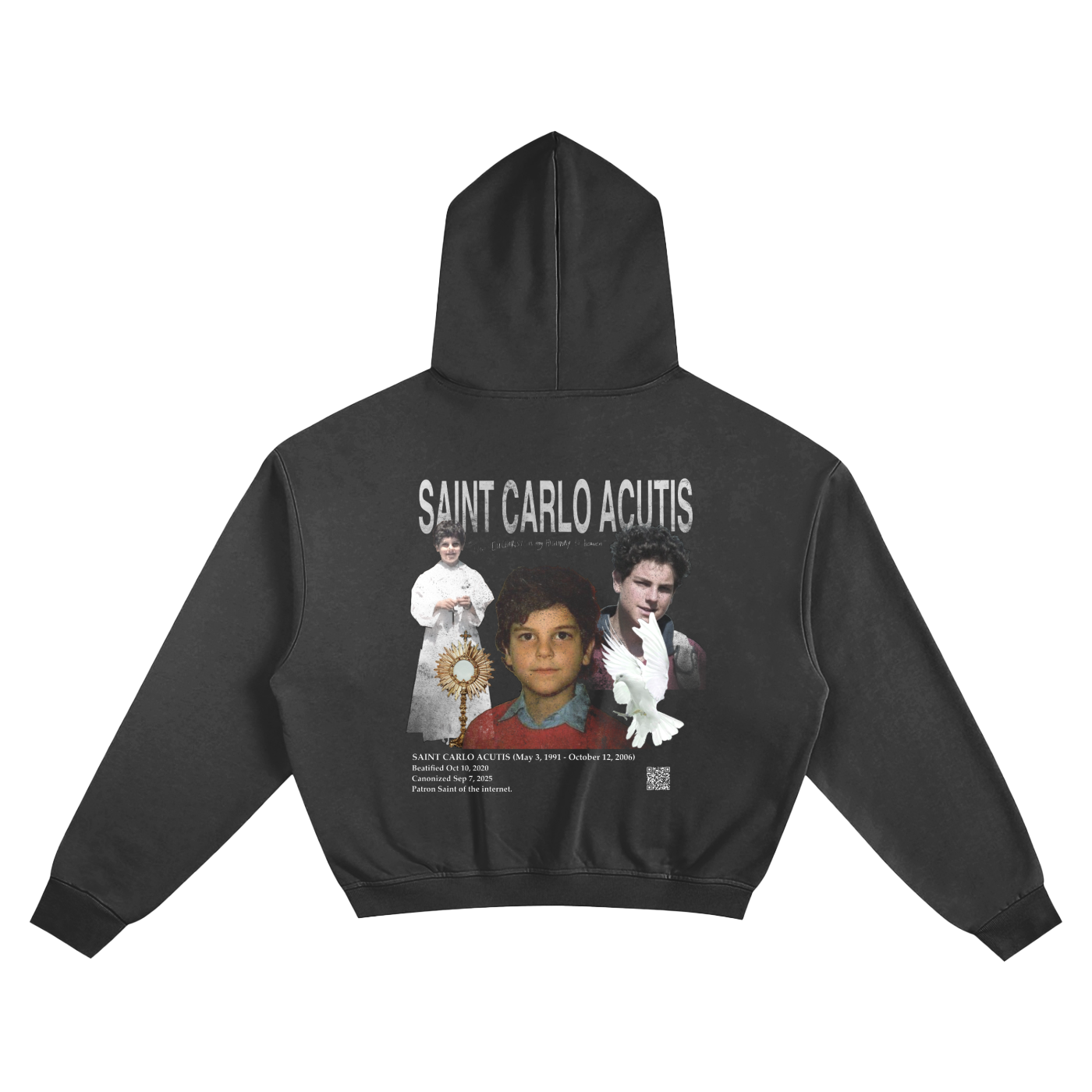 Black hoodie with a Saint Carlo Acutis graphic on the back. Catholic saint clothes