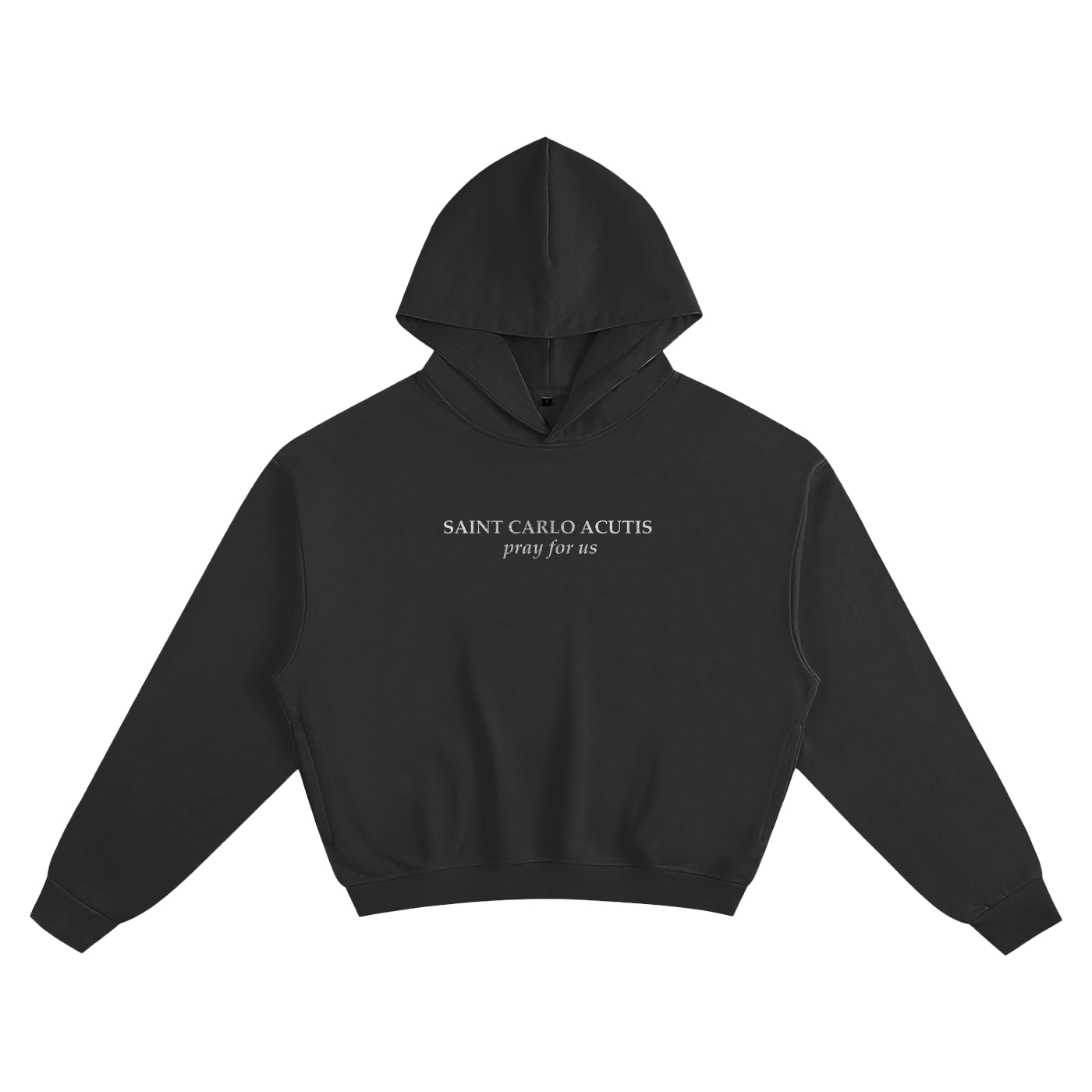 Black hoodie with white text; "Saint Carlo Acutis pray for us". Catholic clothing of saints