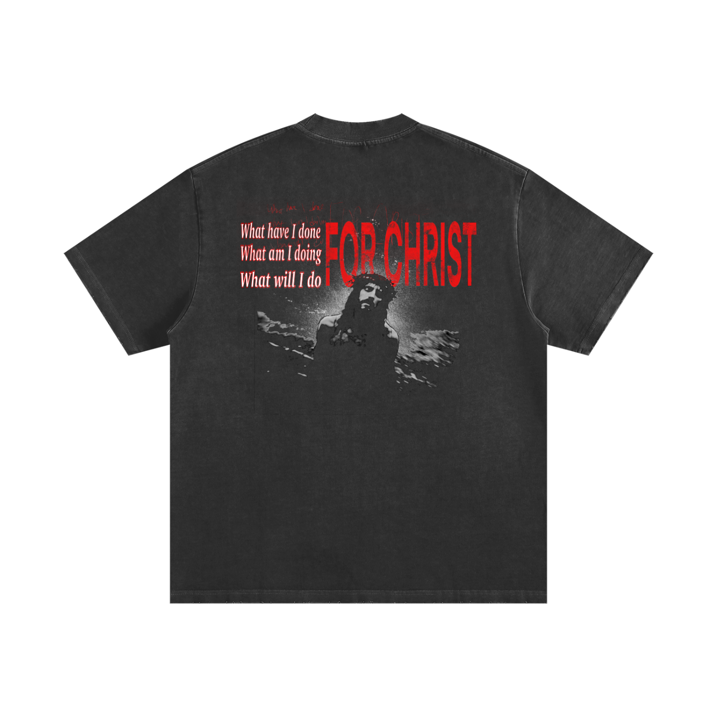 Black t-shirt with a graphic of Christ Passion on vintage washed black T-shirt. Christian graphic t-shirt